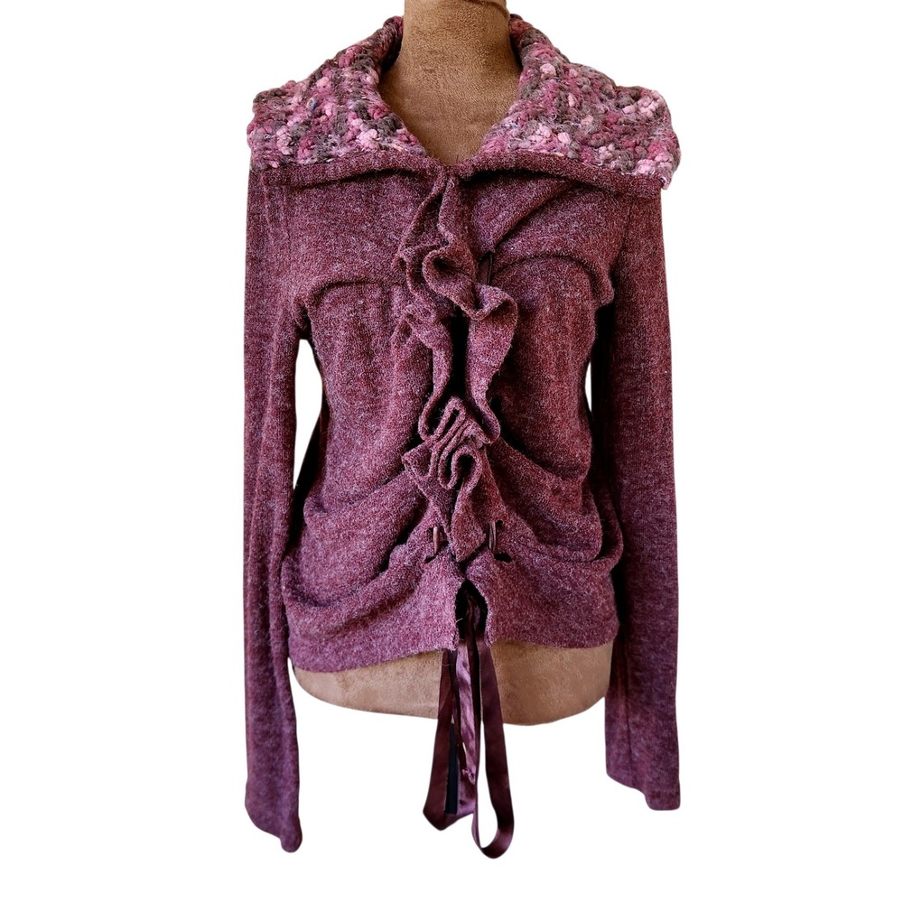 Farinelli Womens Ruffle Front Ribbon Tie Cardigan Burgundy Pink Popcorn Collar M